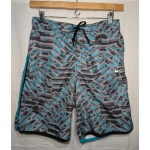 Nike Mens Swim Shorts Trunks L Blue Gray Geometric Print Logo Drawstring Pockets
